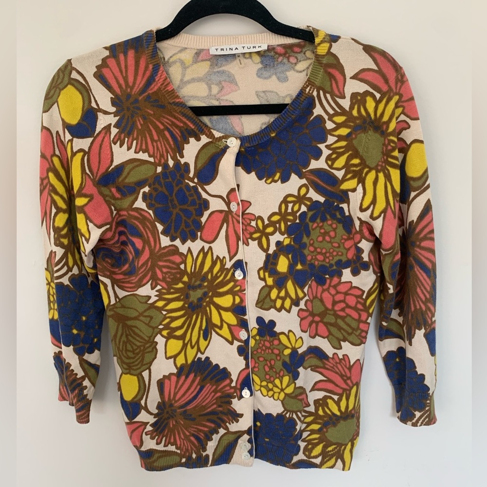 Trina Turk Floral Cardigan in Cream, Yellow, Blue, Pink, Green, Brown